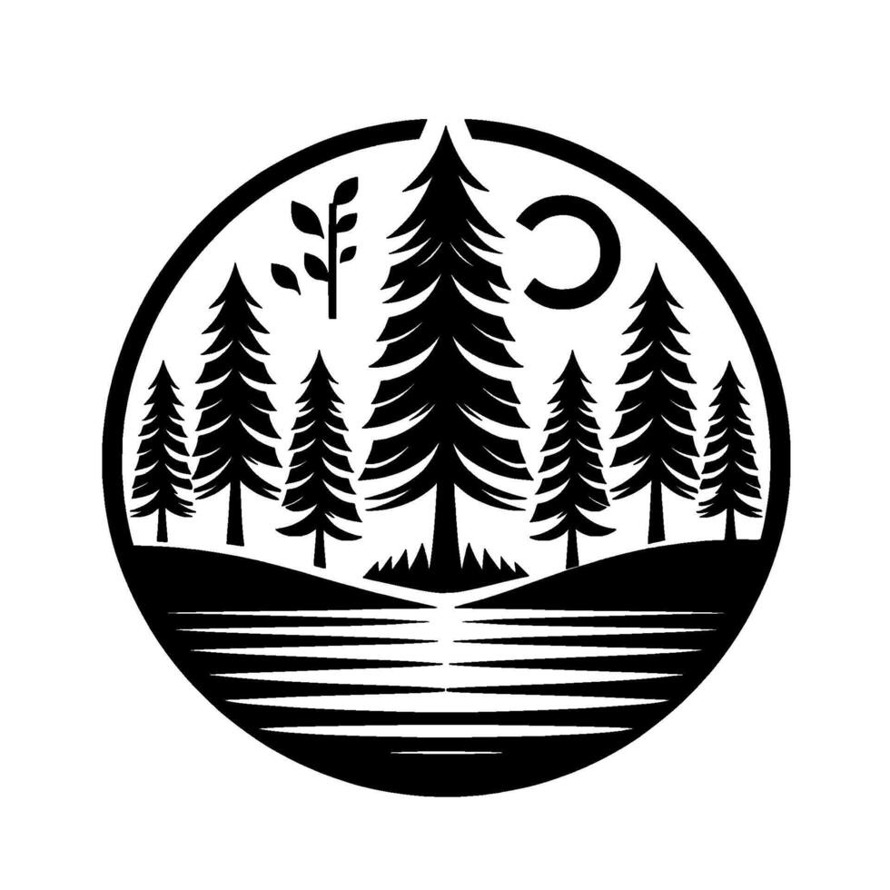 Stylized black and white nature scene within a circle forest silhouette, lake, crescent moon, and simple tree branches vector