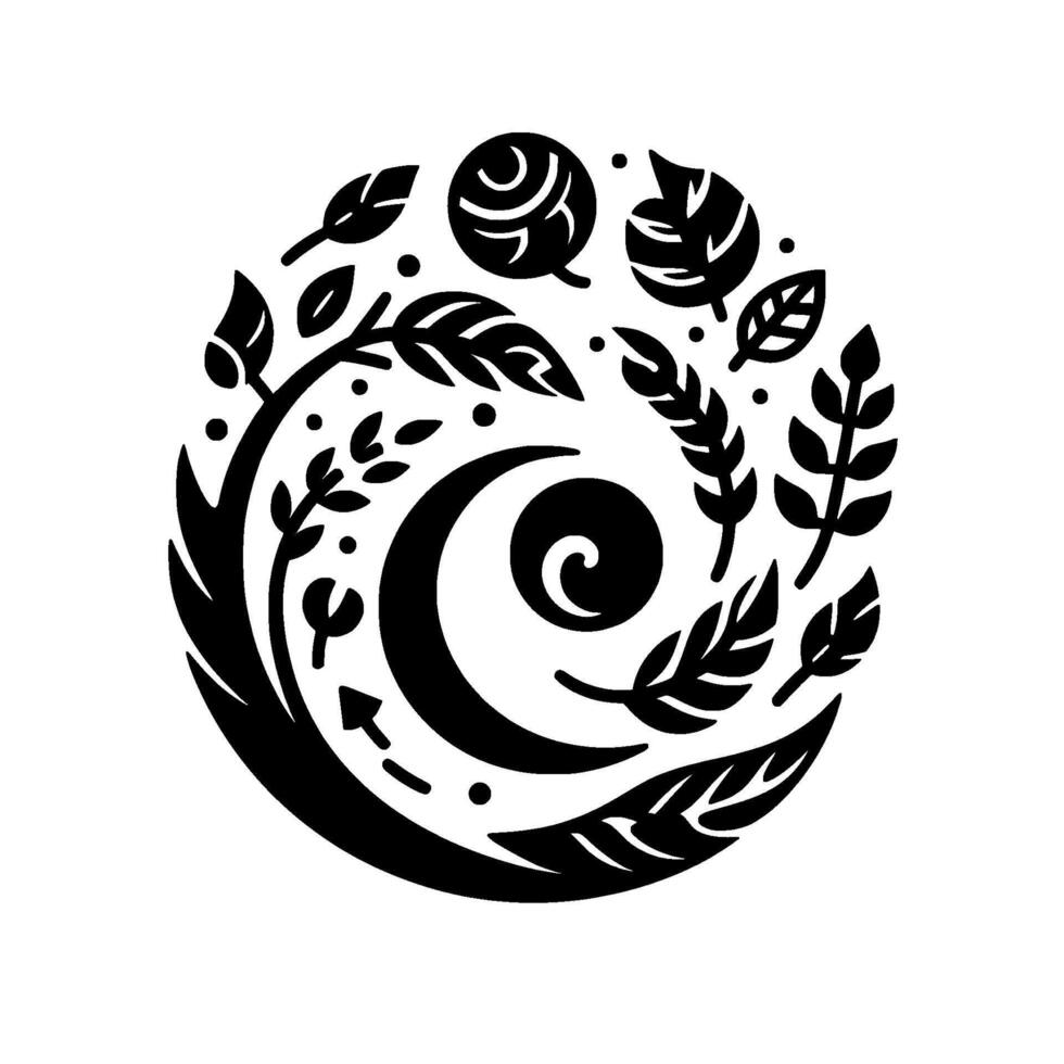A circular minimalist featuring stylized leaves, a crescent, and a spiral, all in black, evoking natures cycle. vector