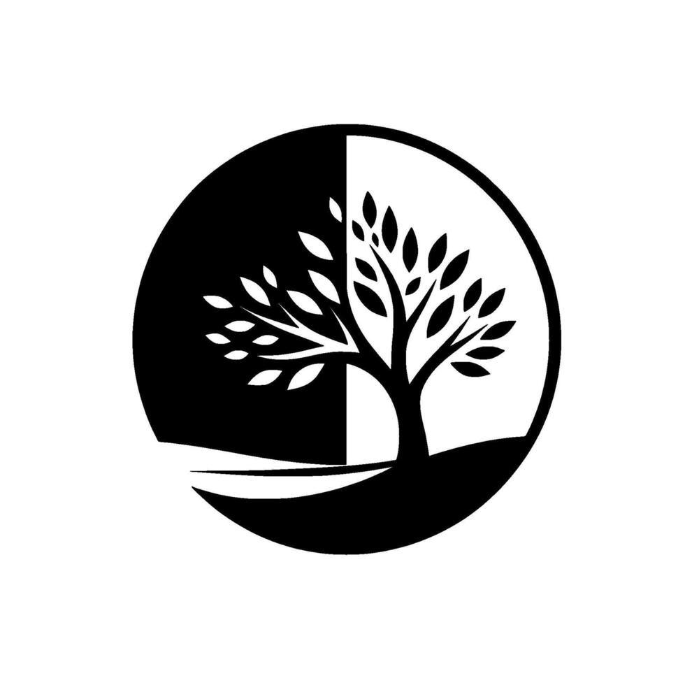 Yin and Yang Tree Silhouette A Black and White with a Divided Circle and Minimalist . vector