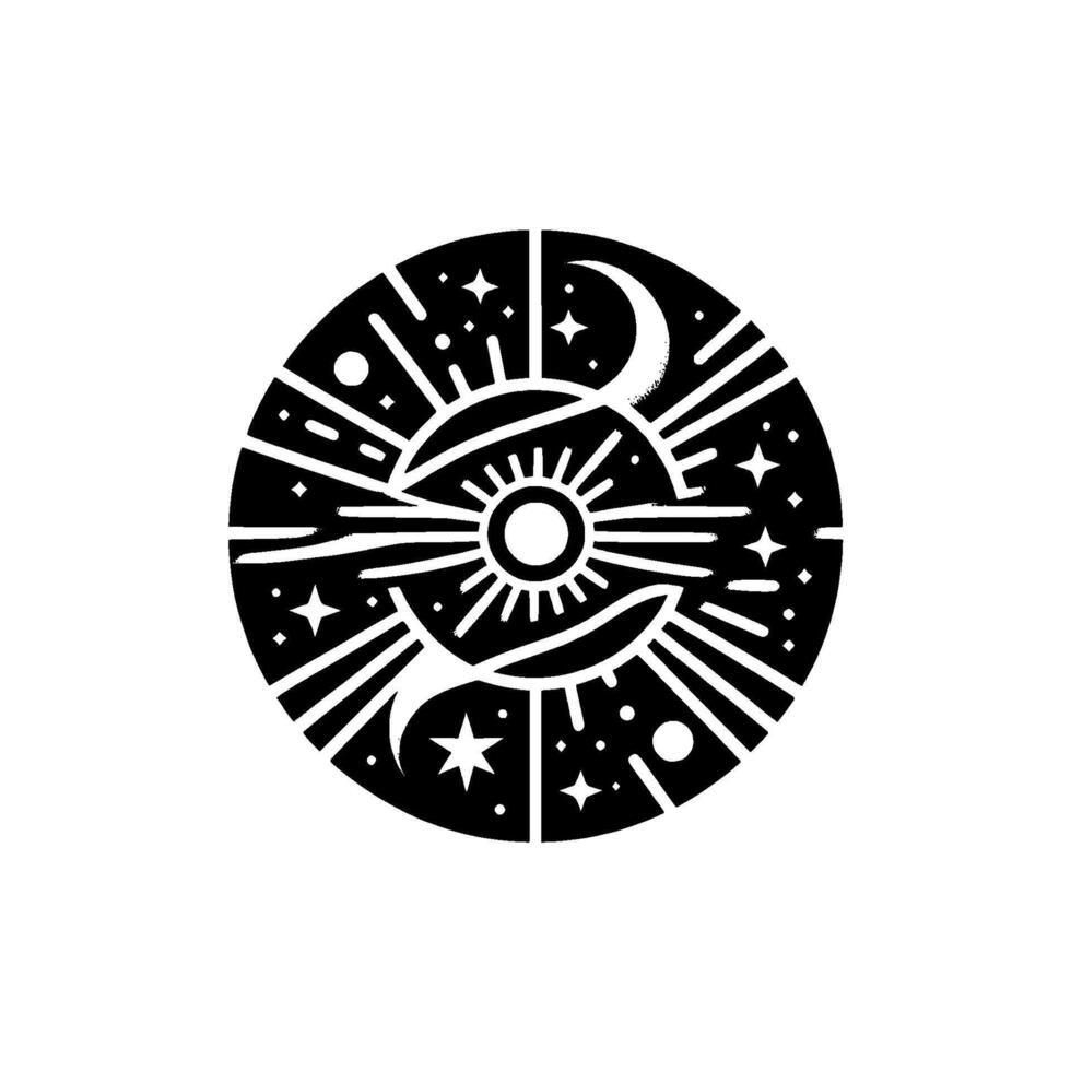 Celestial Yin Yang Stylized Black and White Circle with Sun, Moon, Stars, and Radiant Lines. vector