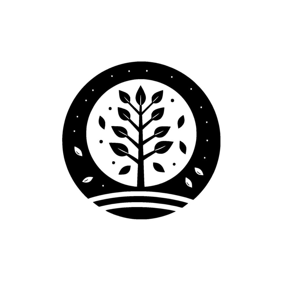 Black and white stylized featuring a tree inside a circle, surrounded by dots and falling leaves, symbolizing natures elegance. vector