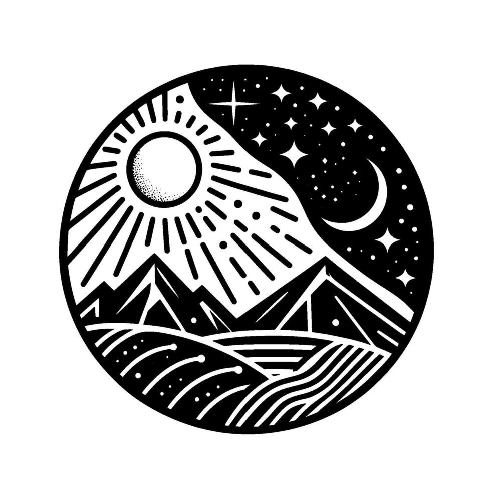 Symbolic Black and White Circular Illustration of Daytime Sun, Mountain Peaks, Grassy Fields Meeting Night Sky with Moon and Stars, Representing Balance. vector