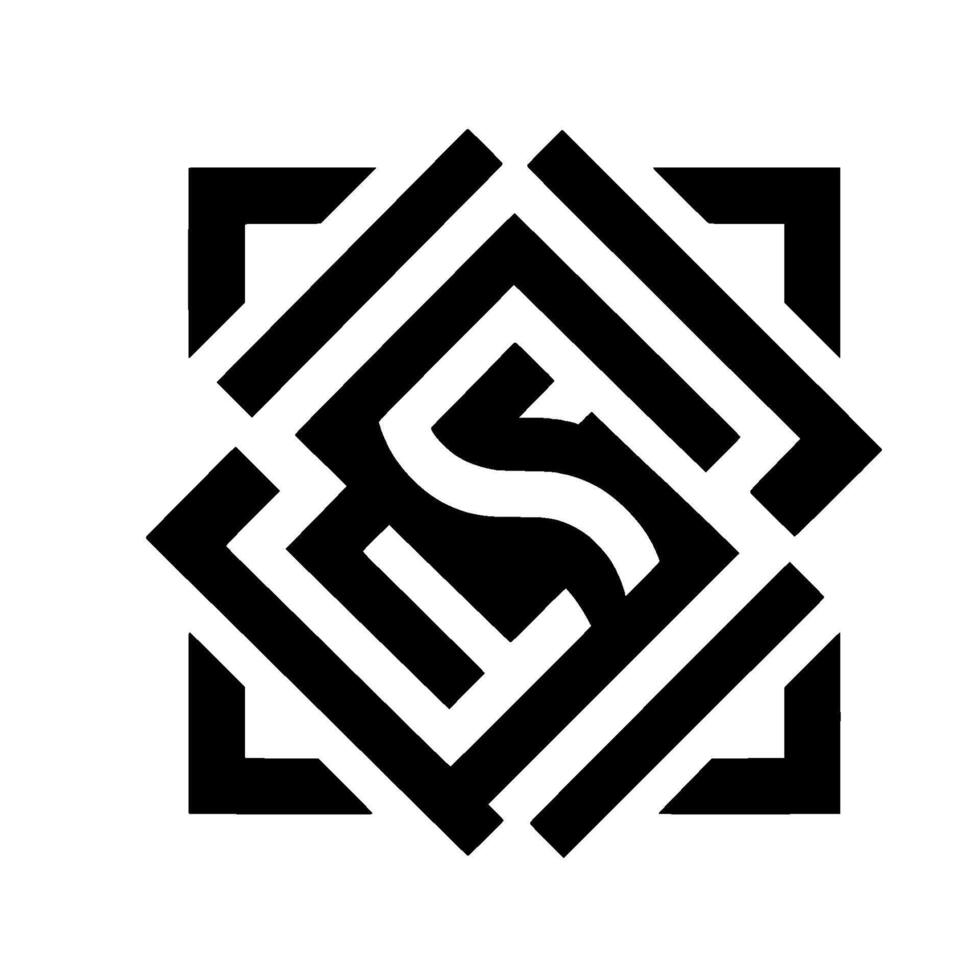 Geometric OpArt A symmetrical, black and white pattern features layered square and letter S elements, on a white background, with a modern minimalist vibe. vector