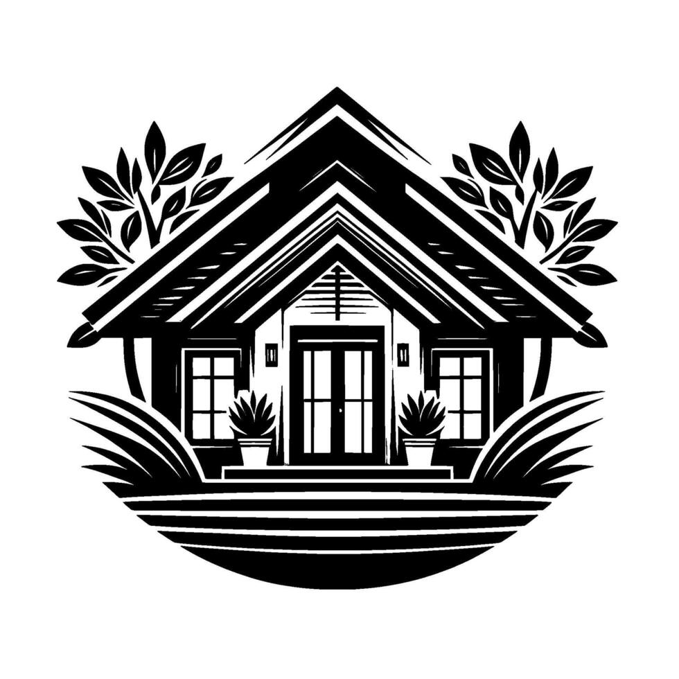 A symmetrical black and white illustration of a cozy house with a gabled roof, double doors, window details, potted plants, and stylized foliage. vector