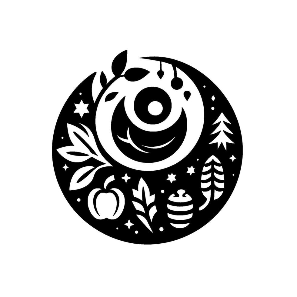 Circular Black and White Illustration of Harvest Season Elements Apple, Leaves, Pine Trees, and Stars. vector