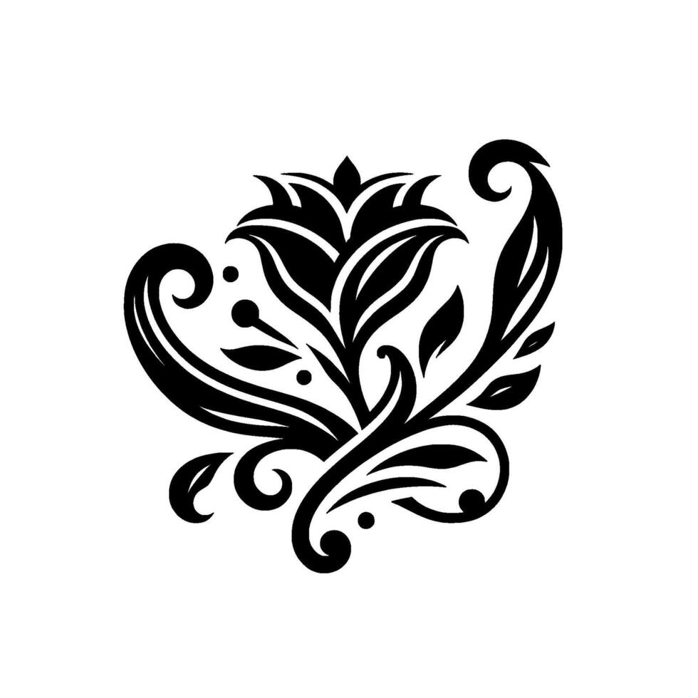 Intricate Black and White Floral with Ornamental Swirls, Leaves, and Dots on a Plain White Background. vector