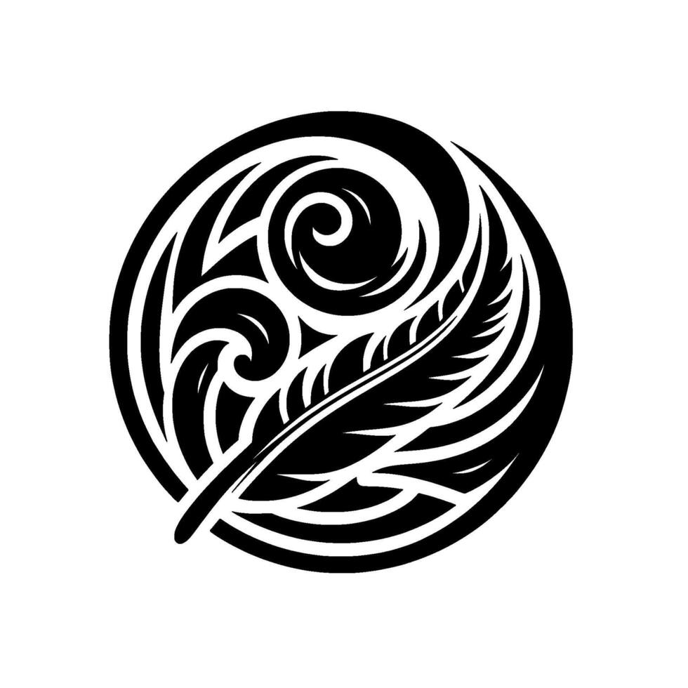 Black and white circular tribal , featuring stylized feather, swirls and intricate patterns within a closed circle, a simple, modern . vector