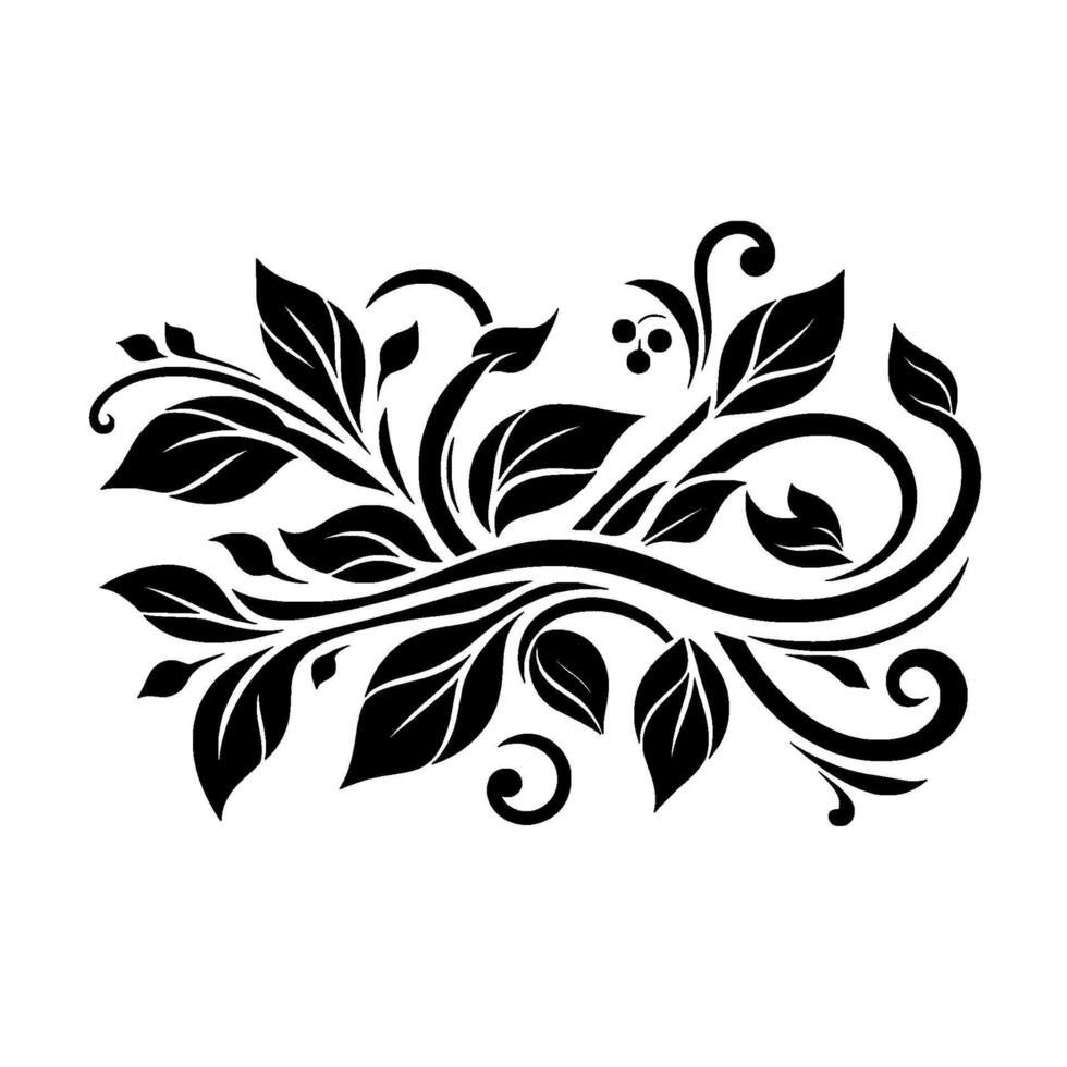 Intricate Black Floral Motif, Symmetric with Leaves, Vines, and Decorative Spirals Against a White Background vector