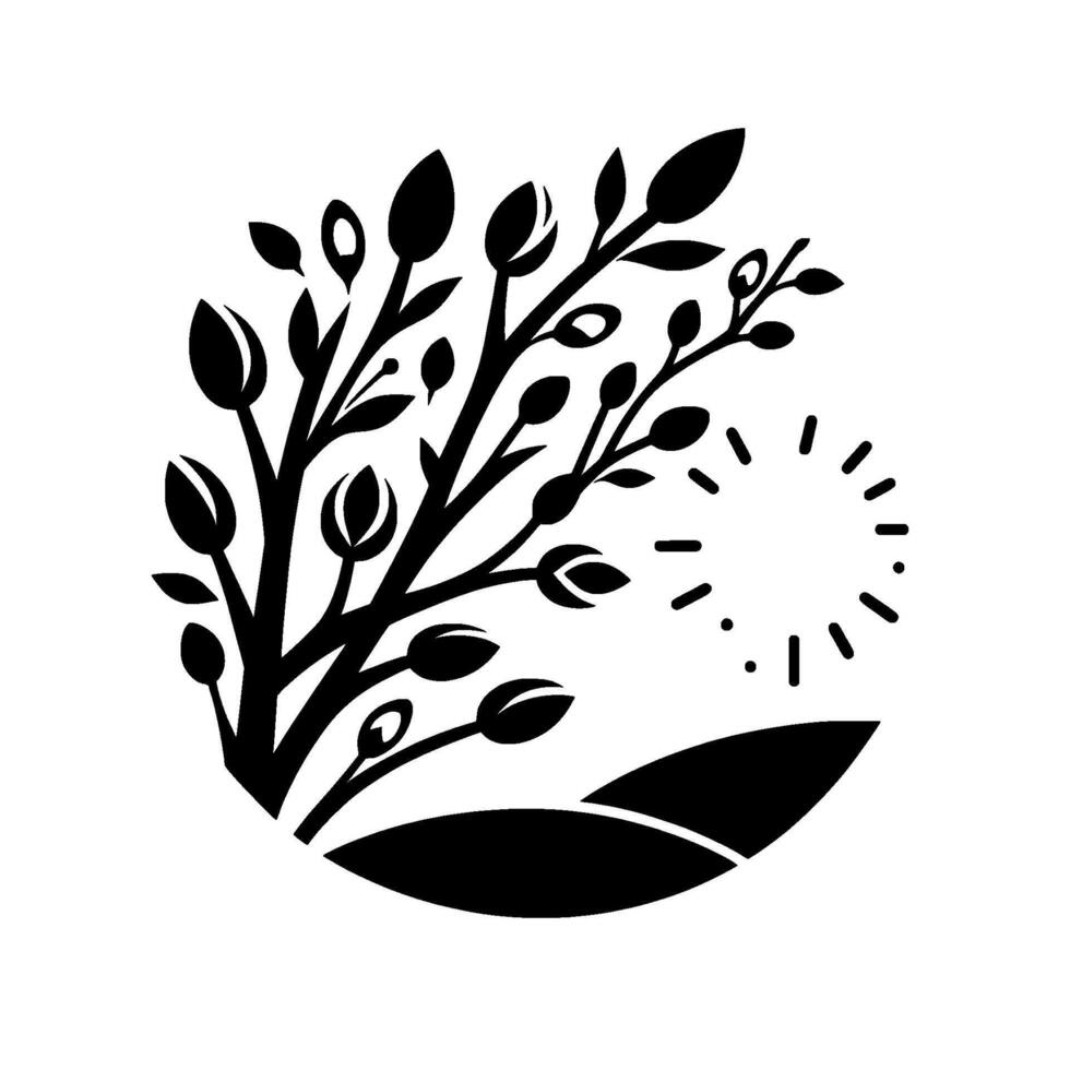Minimalist Black and White Illustration of Budding Branches, Sun, and Landscape. vector