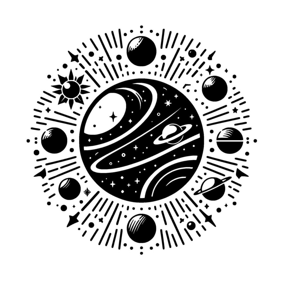 Whimsical Solar System Illustration Black and White, Circular Composition with Sun, Planets, Stars, and Celestial Bodies. vector