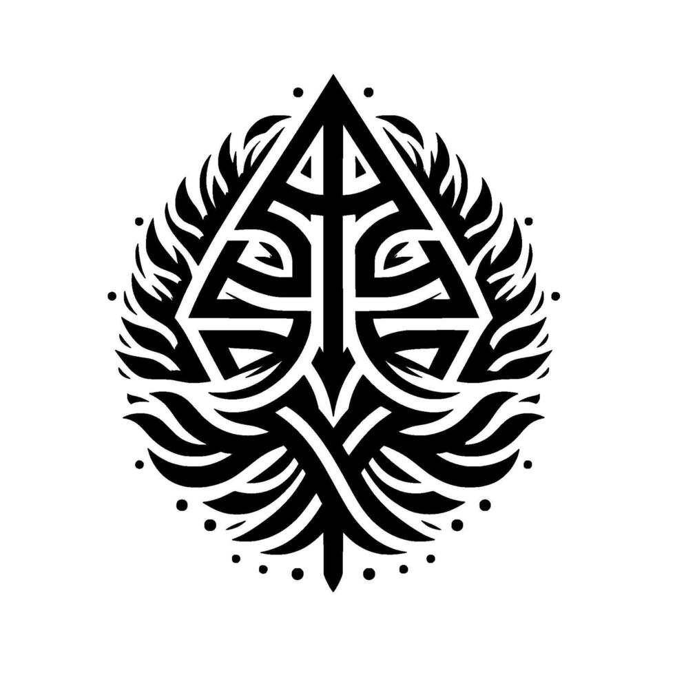 Intricate Celticinspired Symbol a stylized treelike shape within a triangle and leaflike border, in bold black on a white background. vector