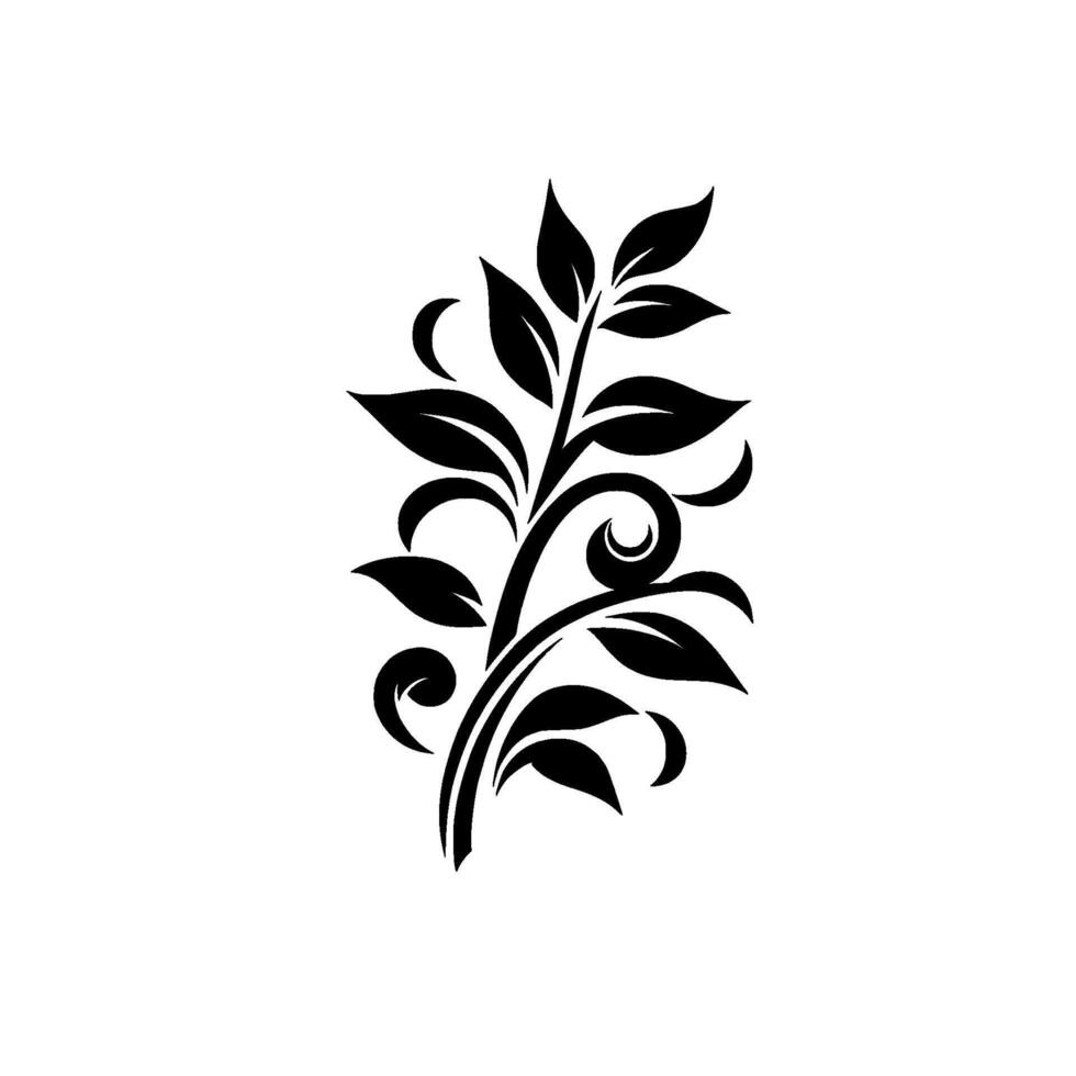 Elegant Black Floral Branch with Leaves and Curlicues, on a Clean White Background, Art. vector
