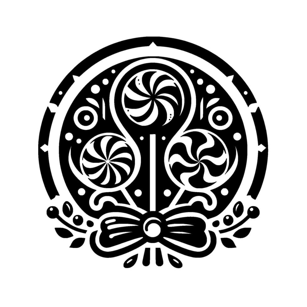 Black and white symmetrical illustration of three spiral lollipops within an ornate circular frame, with a bow and leaves at the base. vector