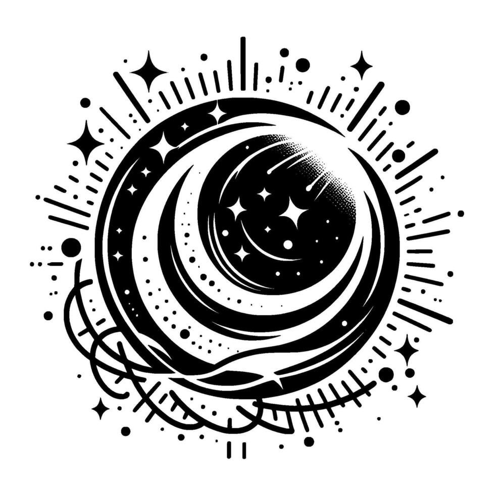 Celestial Black and White Featuring Crescent Moons, Stars, and Cosmic Rays, Evoking Mystical Charm vector