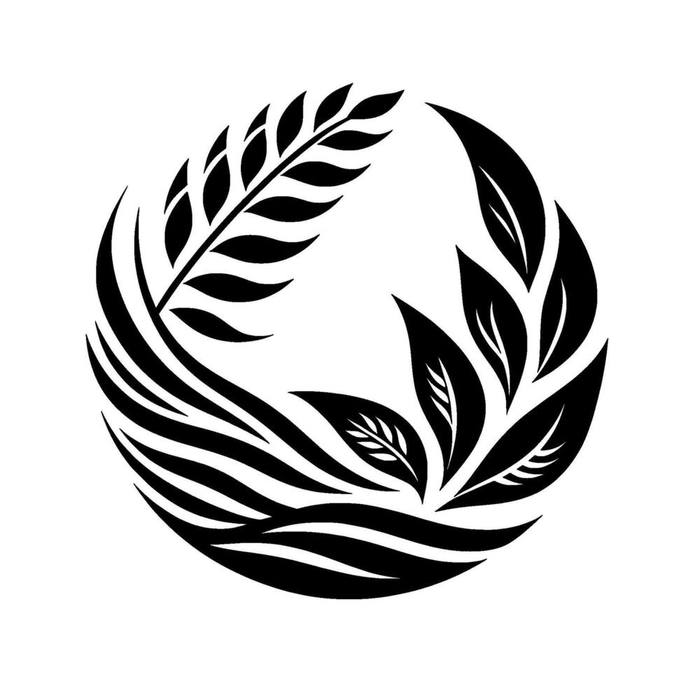 Elegant, minimalist circular featuring stylized black leaves and wheat against a white background, representing nature and harmony. vector