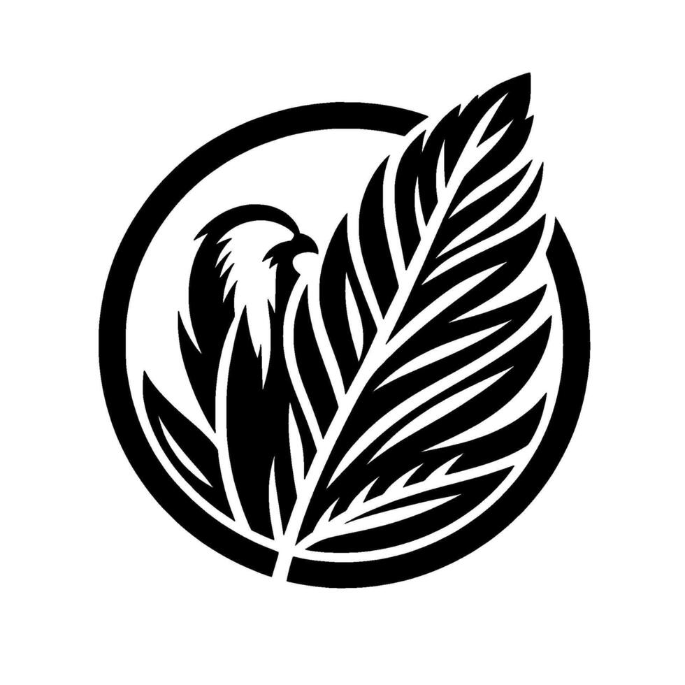 A stylized black and white emblem featuring an eagles head and a feather , enclosed in a circular frame. vector