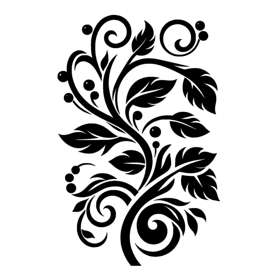 Elegant Black and White Floral A symmetrical stylized botanical arrangement featuring leaves, berries, and graceful swirling stems against a clean, white background. vector