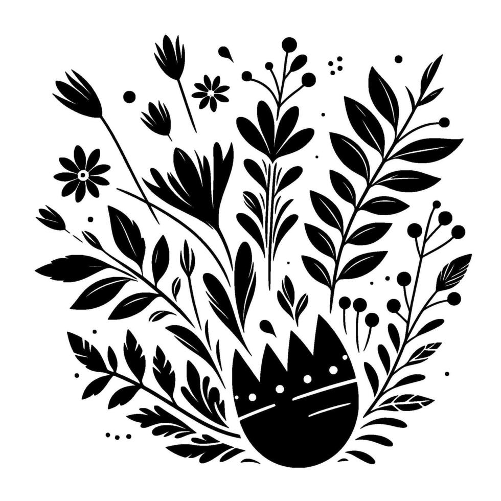 Black and White Floral Arrangement with Stylized Flowers, Leaves, Berries, and an EggShaped in a Delicate, Decorative Composition. vector