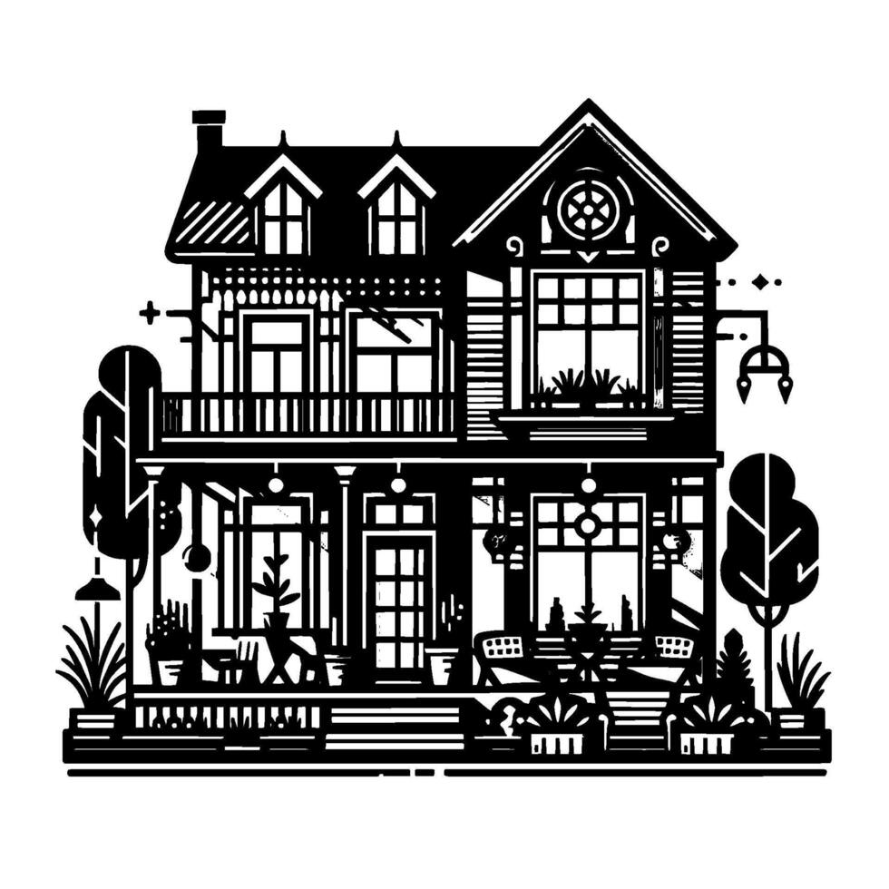Stylized Black and White Illustration of a TwoStory Victorian House with a Veranda, Plants, and Exterior Furnishings. vector