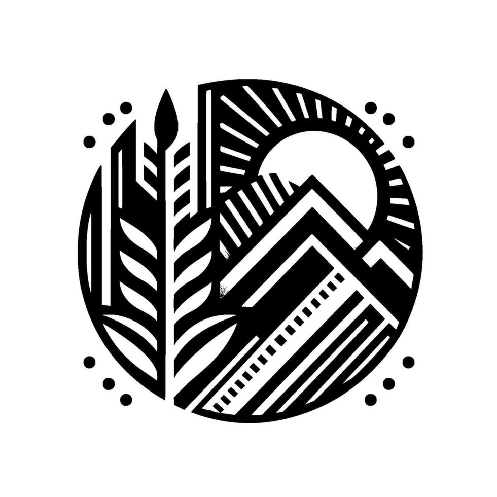 Geometric Mountain and Plant with Rising Sun within a Circle, Black and White Art Deco Style. vector