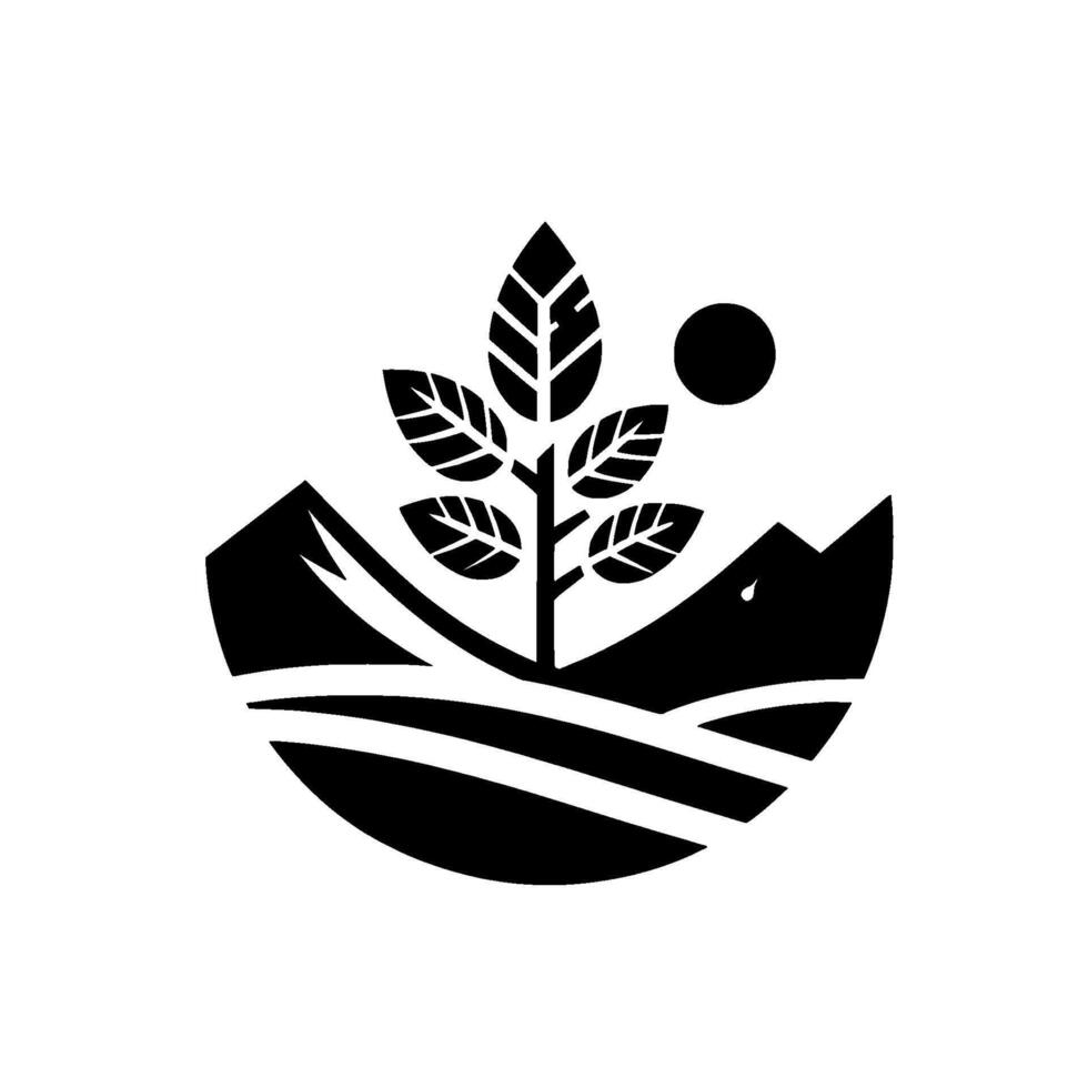 A black and white minimalist natureinspired emblem featuring a stylized plant with detailed leaves growing within a mountain and field landscape beneath a simple sun. vector
