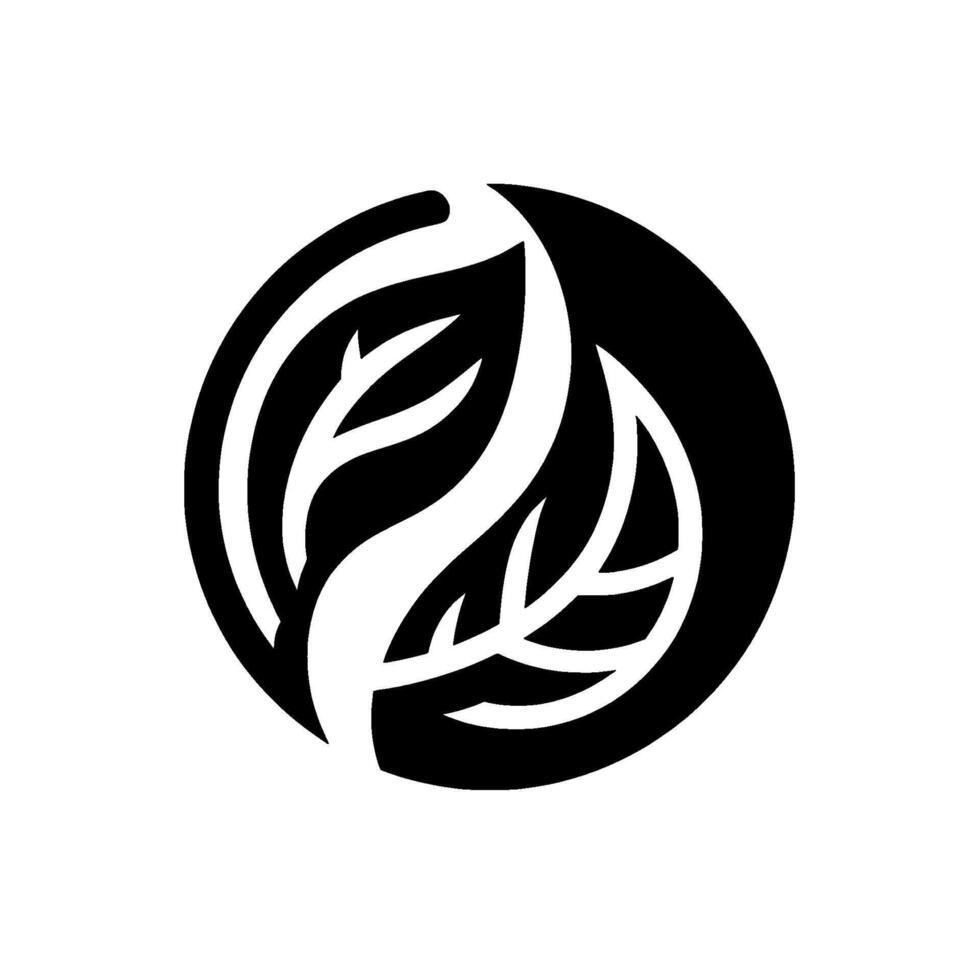 Minimalist Circular Black and White Featuring Intertwined Leaves and Abstract Foliage within a Solid Circle. vector