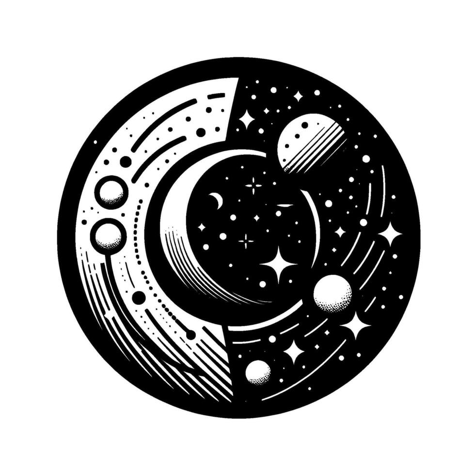 Stylized black and white circular of a celestial scene with crescent moon, planets, stars, and abstract geometric lines. vector