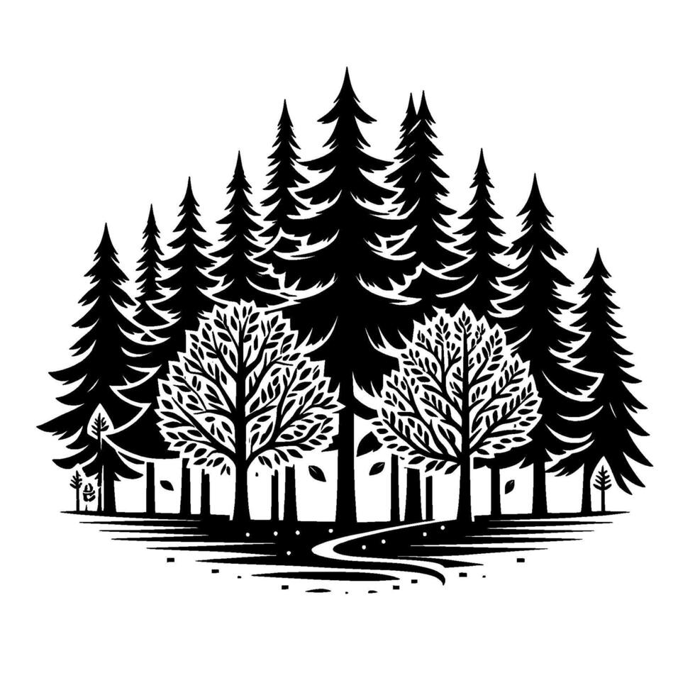 Silhouette of a lush evergreen forest with two detailed deciduous trees, a winding path, and a stark contrast, all set against a white background. vector