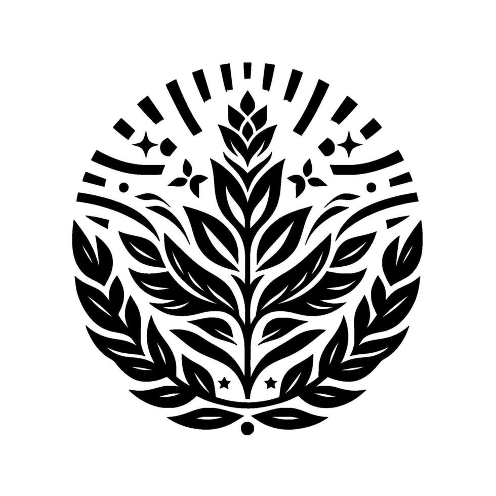 Intricate Black and White Circular Floral Emblem Featuring Leaves, Flowers, and Ornamental Details with Star Accents. vector