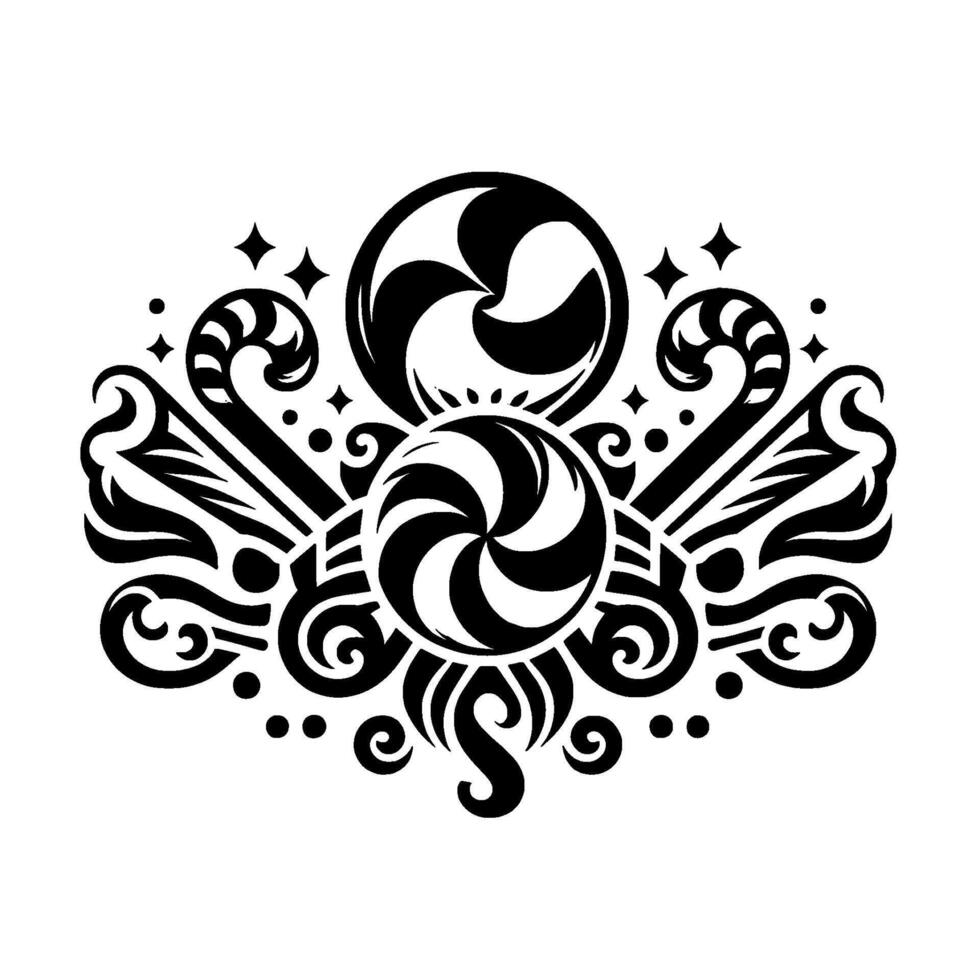 Intricate Black and White Illustration of Swirling Lollipops, Ornamented with Ornate Curlicues, Stars, and Decorative Elements. vector
