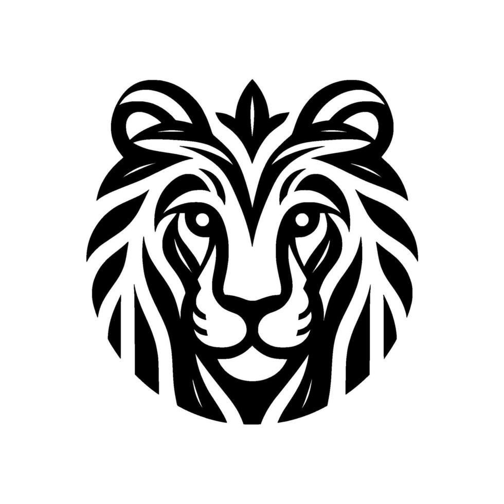 Stylized Black and White Lion Head A symmetrical emblem featuring geometric lines, showcasing a regal, modern aesthetic with bold contrast against a white backdrop. vector