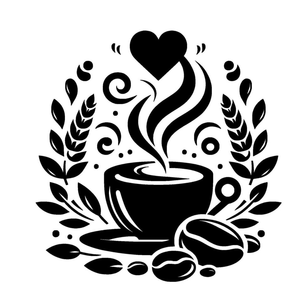 Intricate Black White Coffee Illustration Cup, Heart, Steam, Beans, Laurel Wreath, and Decorative Elements vector