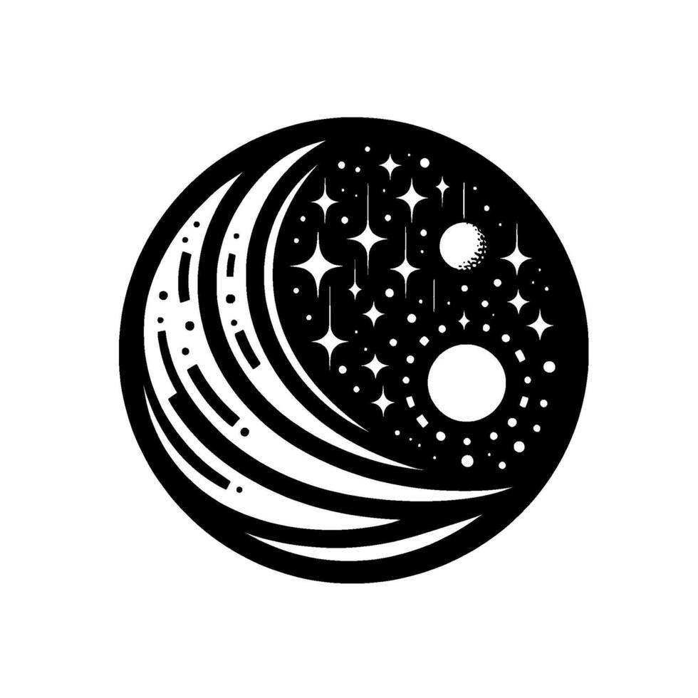 YinYang Cosmic Fusion A Celestial Featuring Stars, Moons, and Striped Elements in a Black and White, Minimalist Aesthetic vector