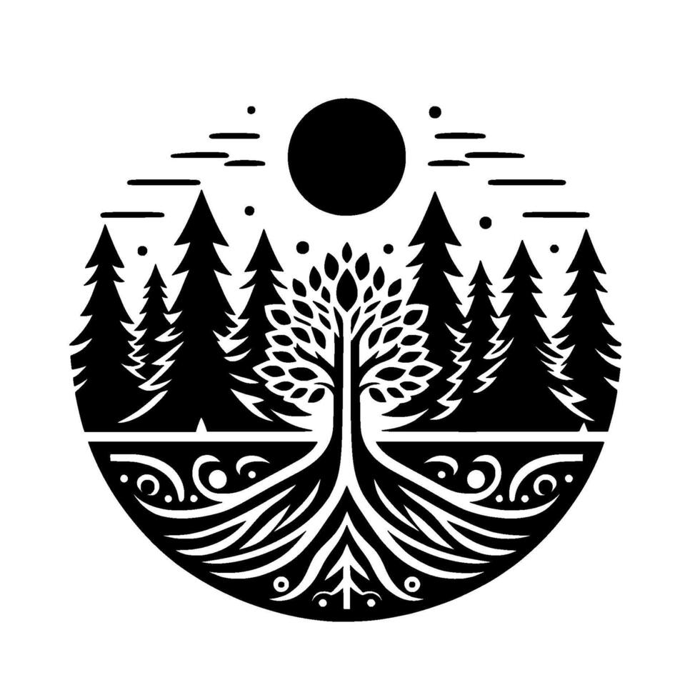 Black and White Emblem of a Circle Featuring a Tree with Roots, Forest, and Sun Symbolizing Growth and Harmony. vector
