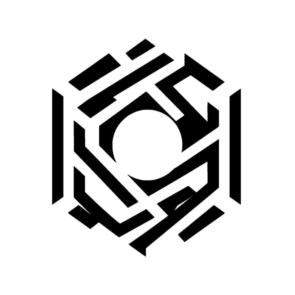 Abstract Geometric Hexagon with a White Circle Center, Composed of Black Angular Lines on a White Background. vector