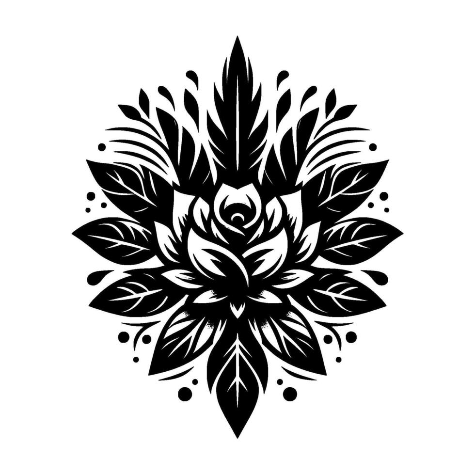 Symmetrical floral tattoo in black and white featuring stylized rose with surrounding leaves and pointed accents. vector