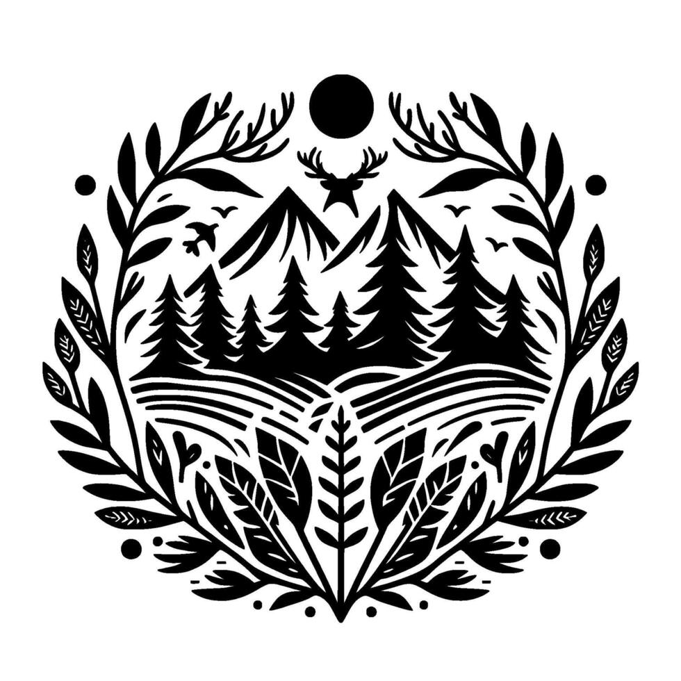 Circular Black and White Illustration of a Mountain Landscape with a Deer Head, Trees, Birds, and Foliage Border. vector