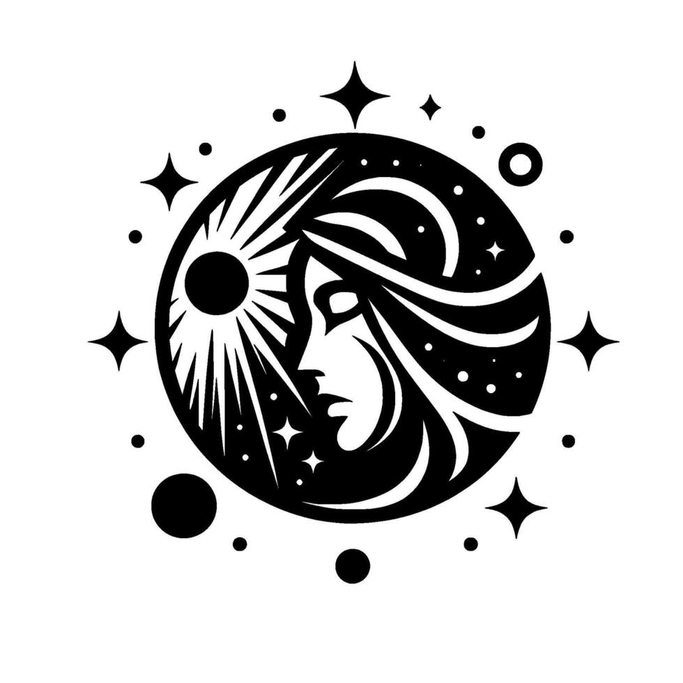Celestial Feminine Figure, SunKissed, Within Starry Sphere, Art, Black White, Mystical Aura, Elegant Lines. vector