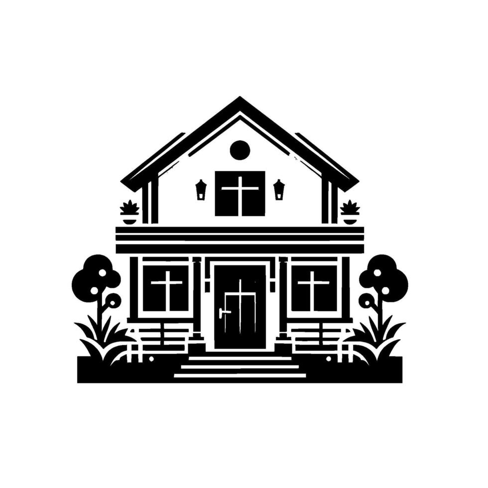 Modern Black and White Illustration of a Cozy TwoStory House with Landscaping Elements, Featuring a Simple, Clean . vector