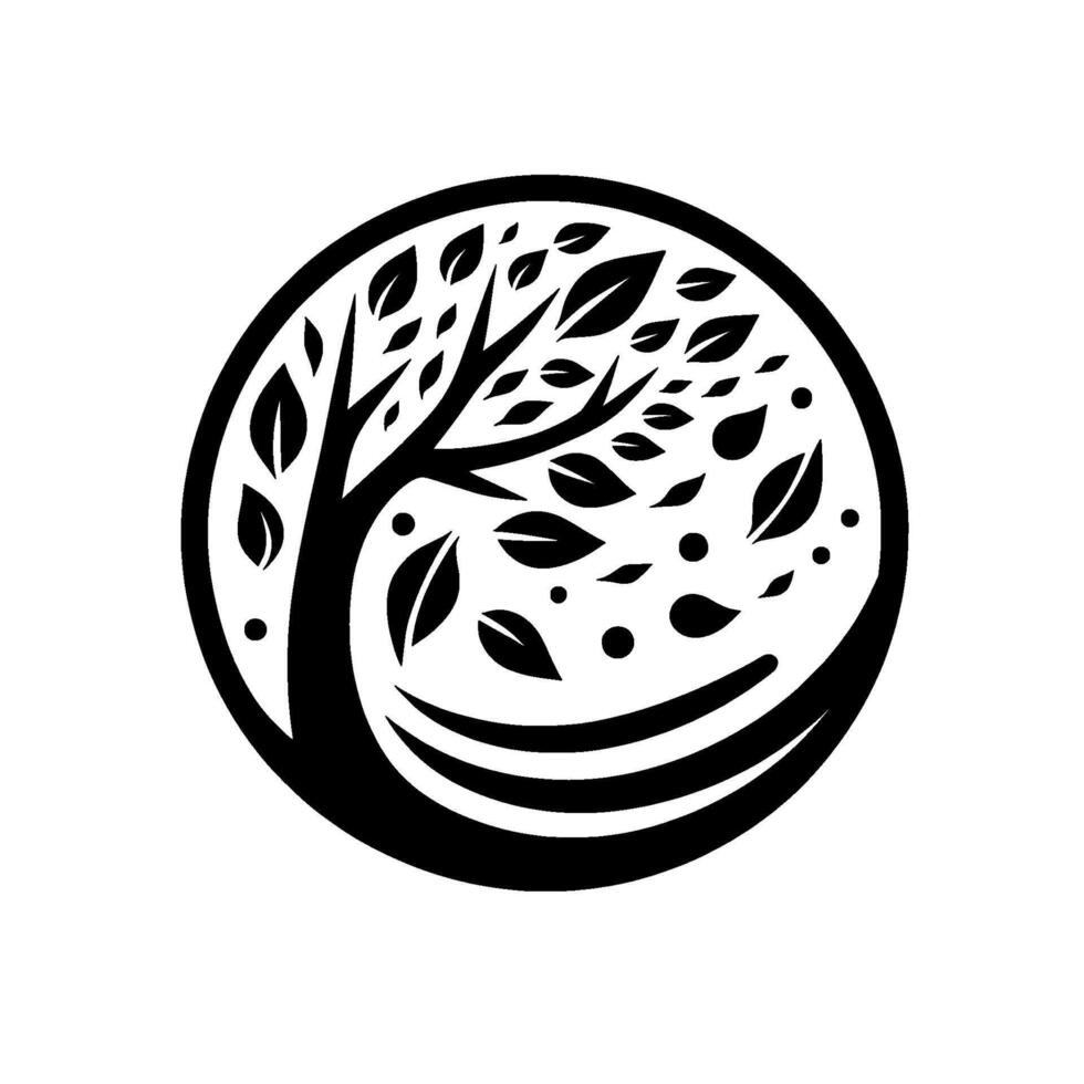 Black and White Minimalist Tree in a Circle A stylized illustration depicting a tree with leaves, enclosed within a circular border, evoking nature and growth. vector
