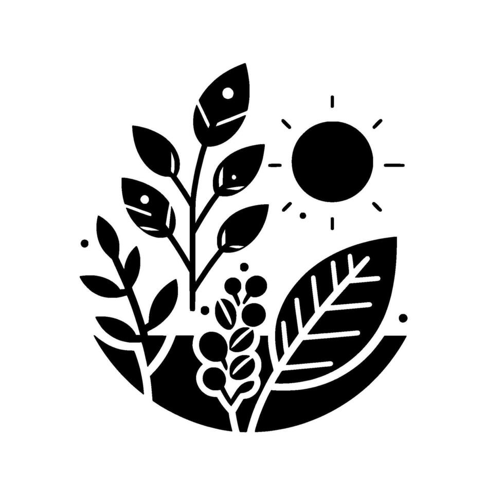 Abstract black and white illustration of a sun over stylized plants and leaves, forming a circle of nature. vector