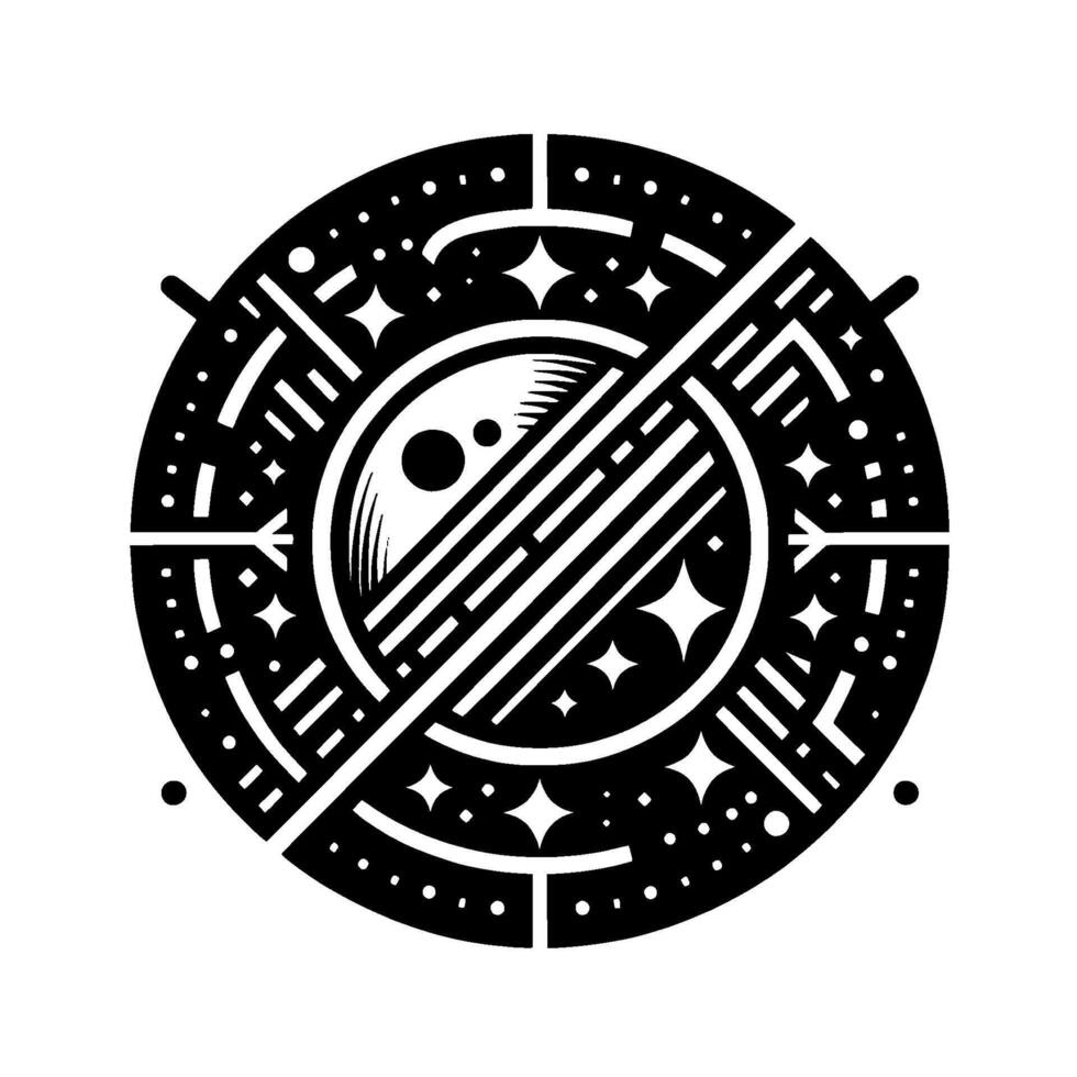 Celestial Black and White Moon and Stars within Geometric Cosmic Circle, Abstract Stellar . vector