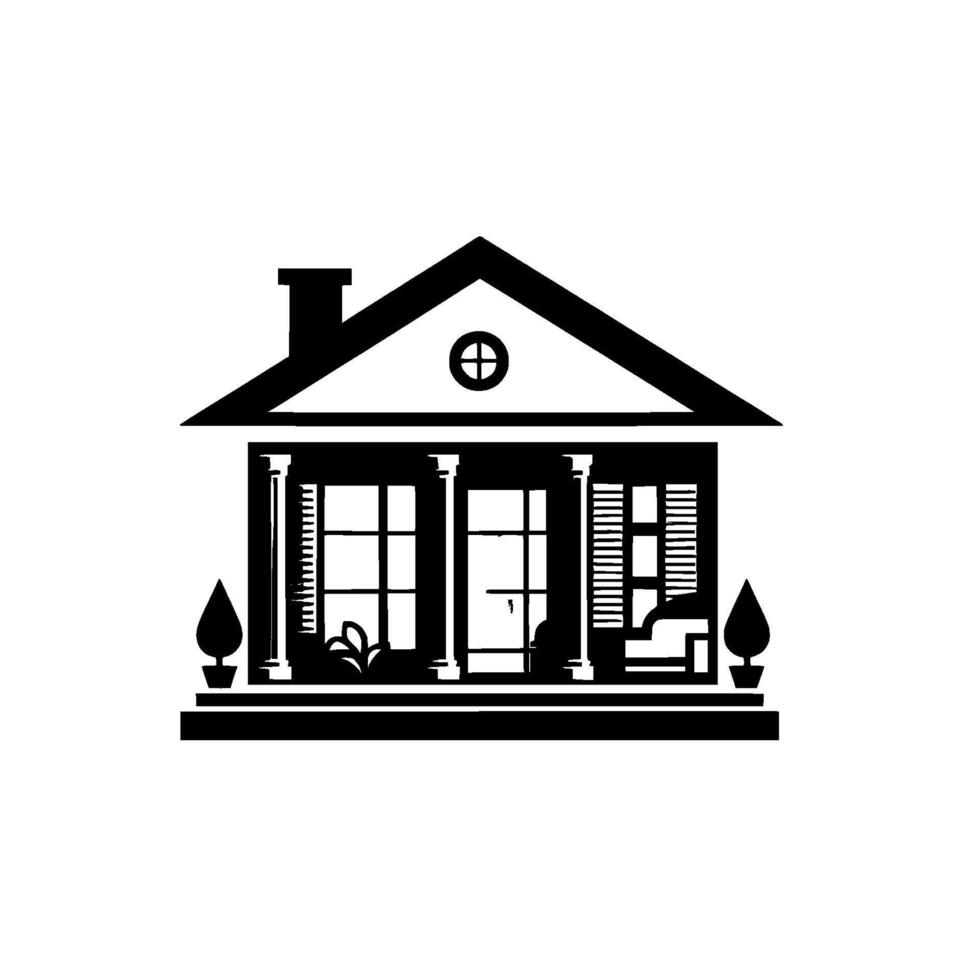 Elegant, black and white illustration of a classic house with columns, a dormer window, and minimalist landscaping, evoking a sense of simplicity. vector