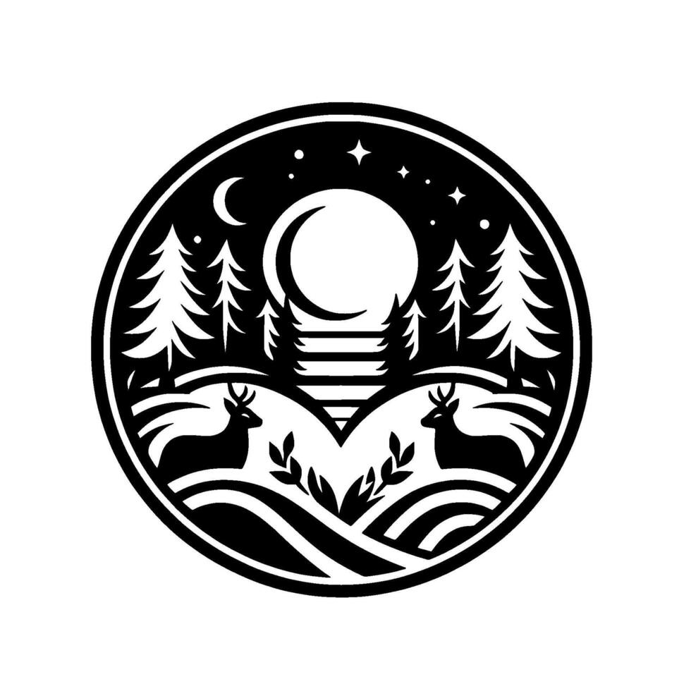 Black and white circular of a forest scene under a crescent moon and stars, featuring deer and stylized trees. vector