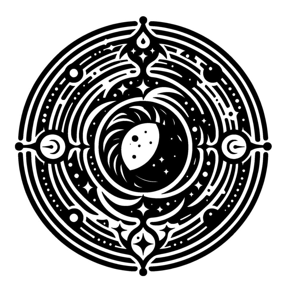 Intricate circular black and white celestial featuring a central moon and starburst patterns, evoking cosmic mystery and ancient artistry. vector