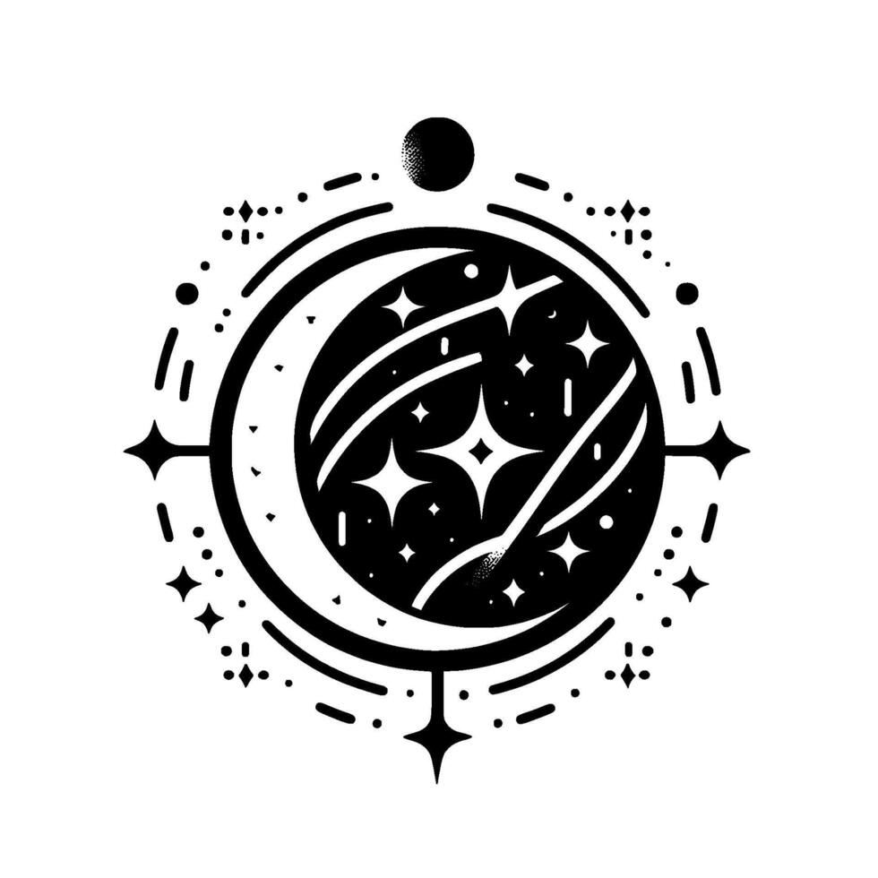 Celestial Spherical Ornament in Black and White Crescent Moon, Stars, and Cosmic on White Background vector