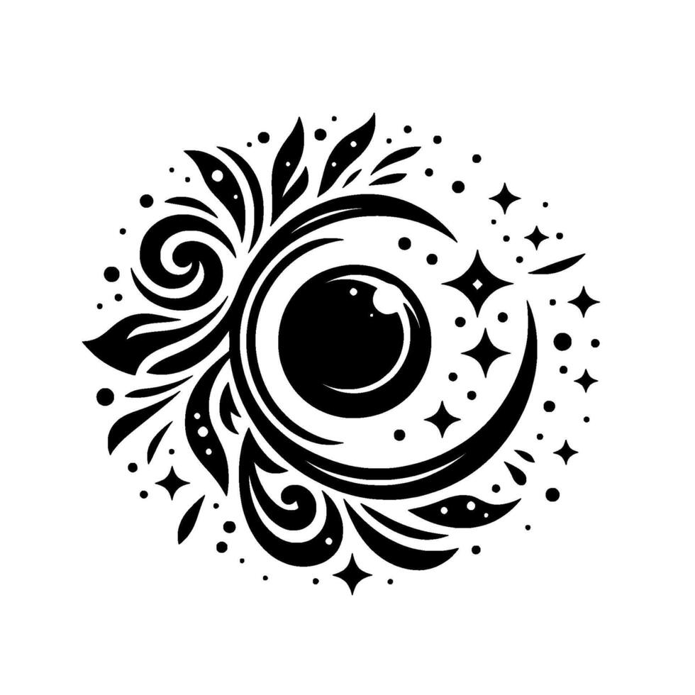 Black and white stylized celestial eye emblem with ornate floral and starburst elements, evoking mystery. vector