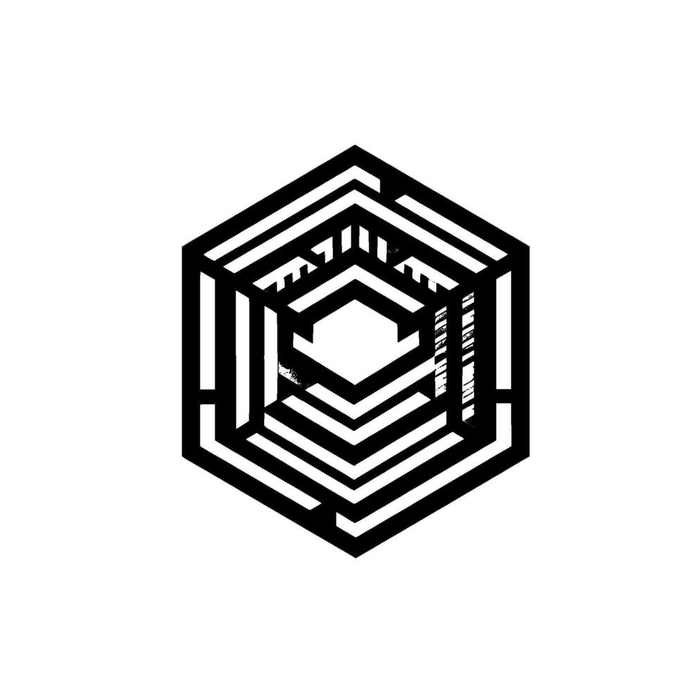 An abstract, geometric hexagon rendered in a complex, layered black and white , creating a visually engaging illusion on a clean background. vector