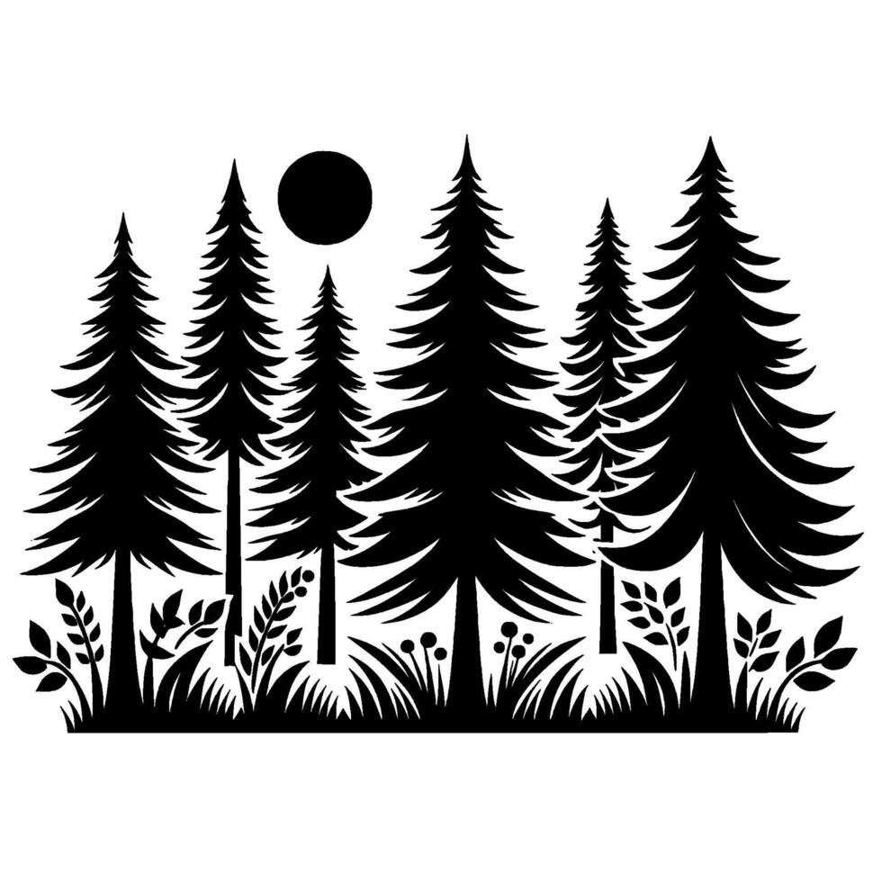 Silhouette of Pine Trees and Foliage Under a Black Sun Against White Background vector
