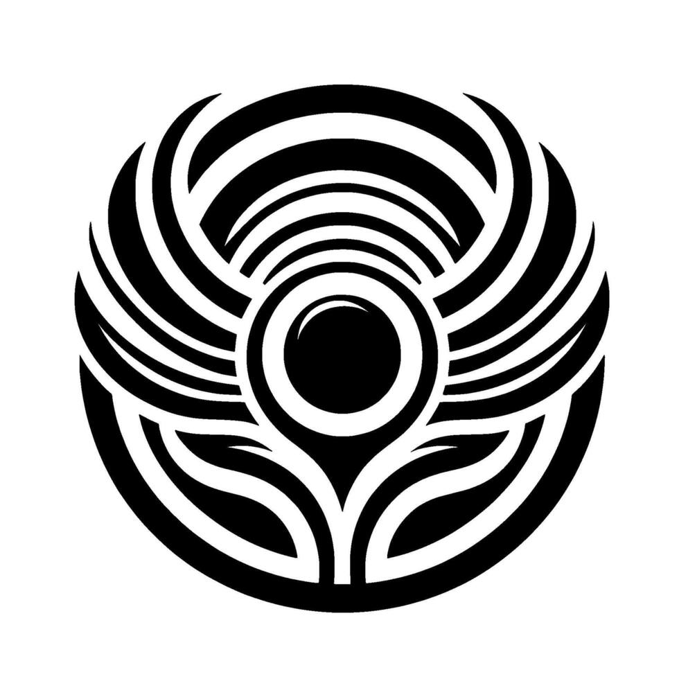 Intricate Black and White Circular Symbol Abstract Geometric with Eyelike Center and Curved Winglike Elements. vector